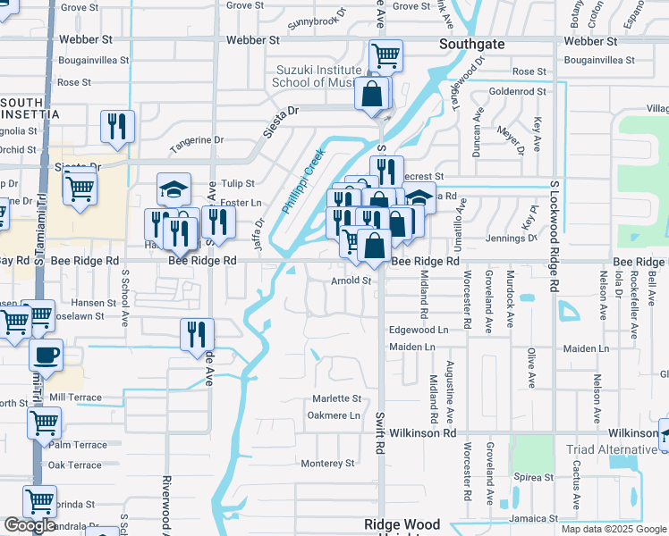 map of restaurants, bars, coffee shops, grocery stores, and more near 2636 Bee Ridge Road in Sarasota
