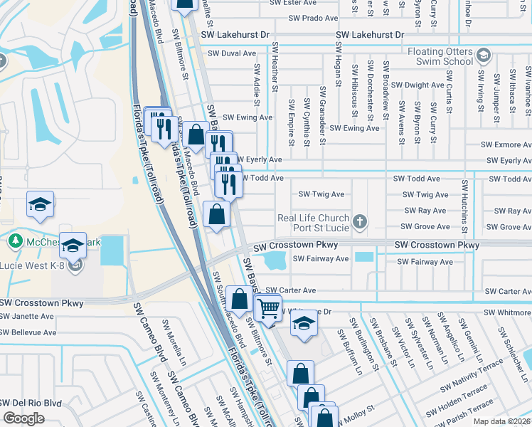 map of restaurants, bars, coffee shops, grocery stores, and more near 650 Southwest Ray Avenue in Port St. Lucie