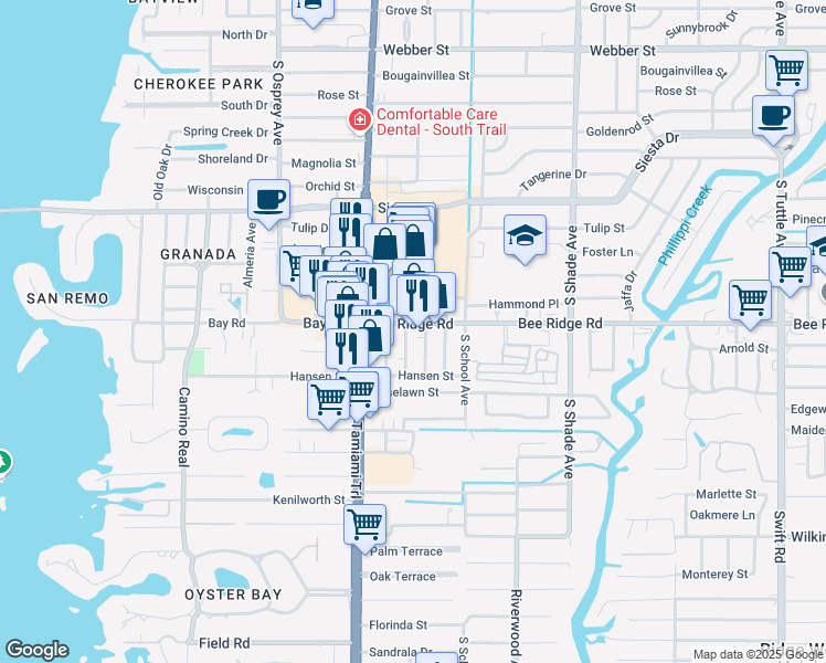map of restaurants, bars, coffee shops, grocery stores, and more near 2048 Bee Ridge Road in Sarasota