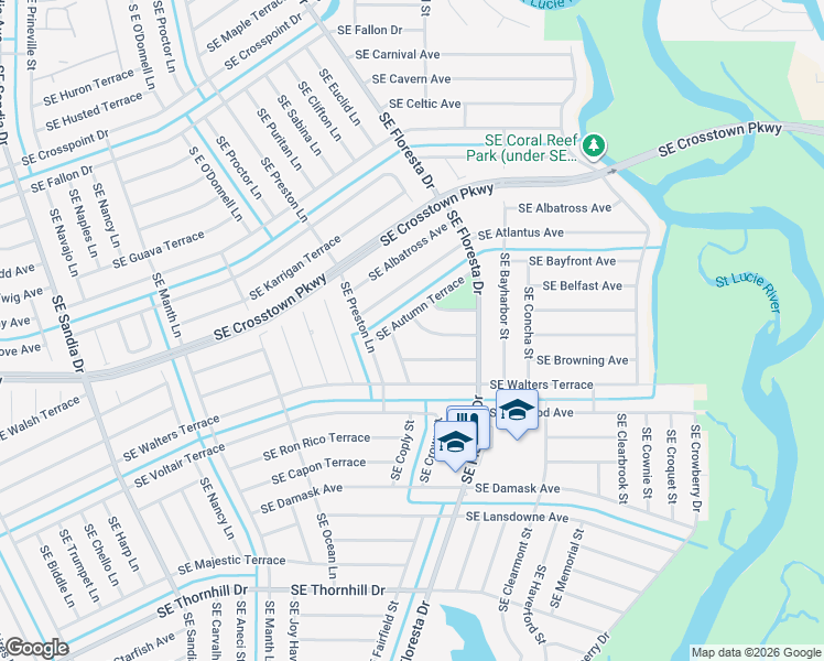 map of restaurants, bars, coffee shops, grocery stores, and more near 722 Southeast Autumn Terrace in Port St. Lucie
