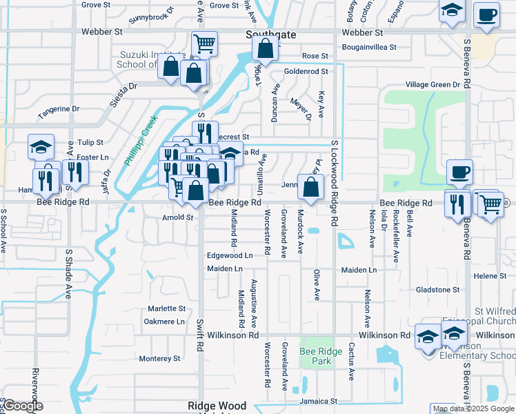 map of restaurants, bars, coffee shops, grocery stores, and more near 2990 Bee Ridge Road in Sarasota