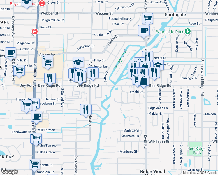 map of restaurants, bars, coffee shops, grocery stores, and more near 2500 Bee Ridge Road in Sarasota