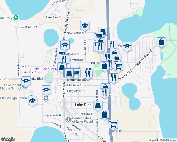 map of restaurants, bars, coffee shops, grocery stores, and more near 110 North Magnolia Avenue in Lake Placid