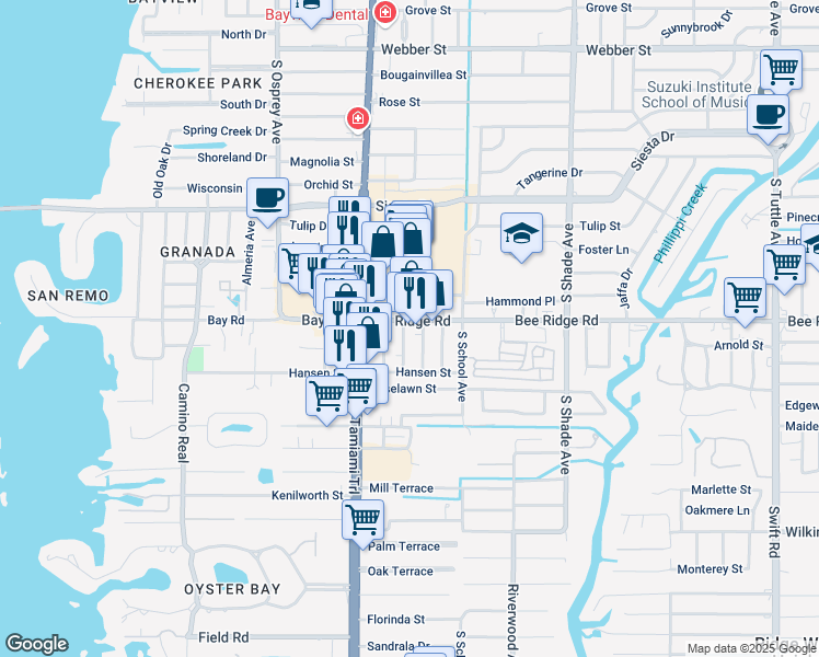map of restaurants, bars, coffee shops, grocery stores, and more near 2048 Bee Ridge Road in Sarasota