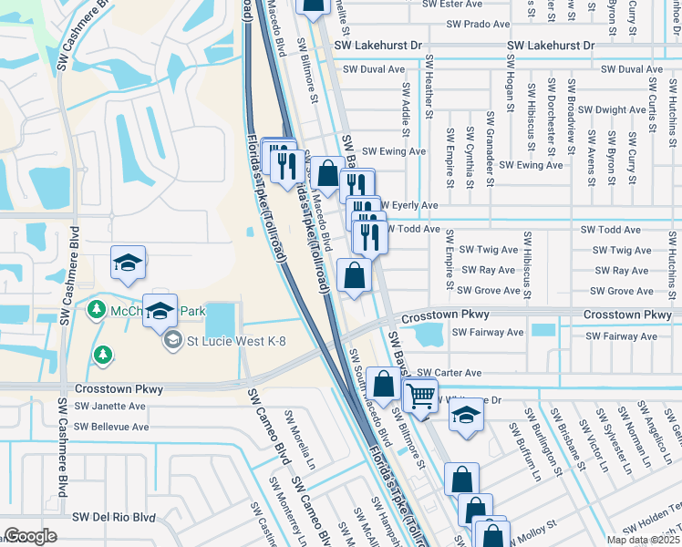map of restaurants, bars, coffee shops, grocery stores, and more near 1369 Southwest South Macedo Boulevard in Port St. Lucie