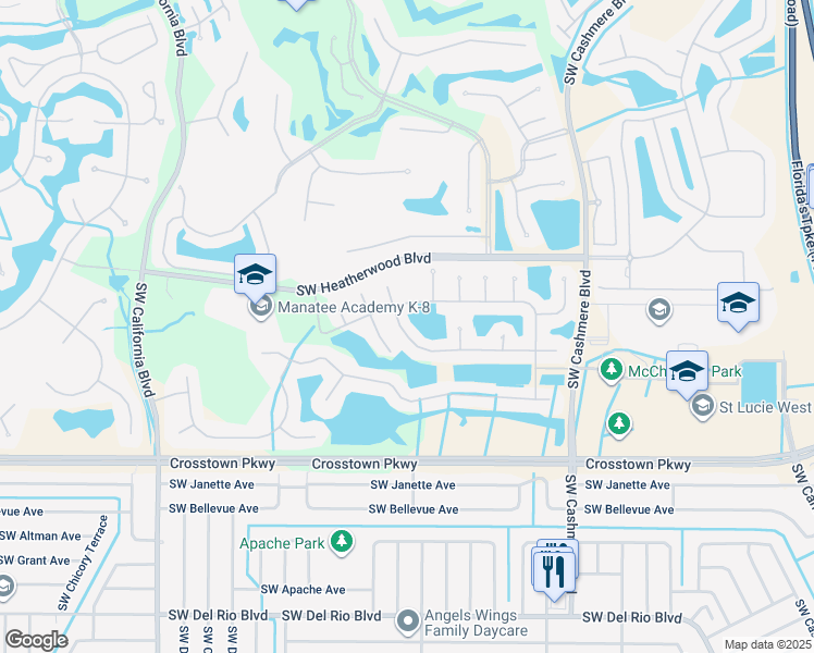 map of restaurants, bars, coffee shops, grocery stores, and more near 1323 Southwest Briarwood Drive in Port St. Lucie