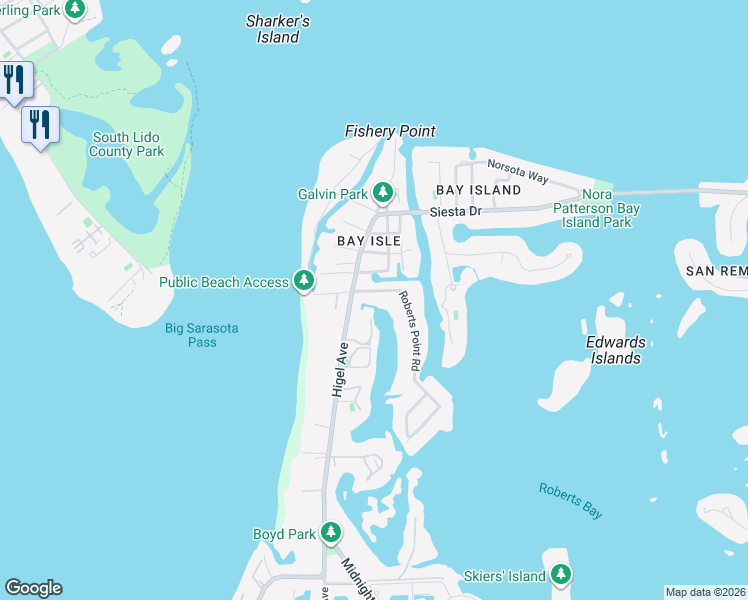 map of restaurants, bars, coffee shops, grocery stores, and more near 3920 Roberts Point Road in Siesta Key