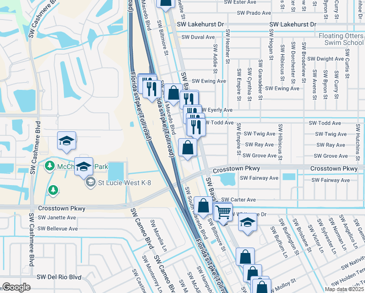 map of restaurants, bars, coffee shops, grocery stores, and more near 1369 Southwest South Macedo Boulevard in Port St. Lucie