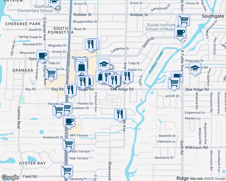 map of restaurants, bars, coffee shops, grocery stores, and more near 2300 Bee Ridge Road in Sarasota