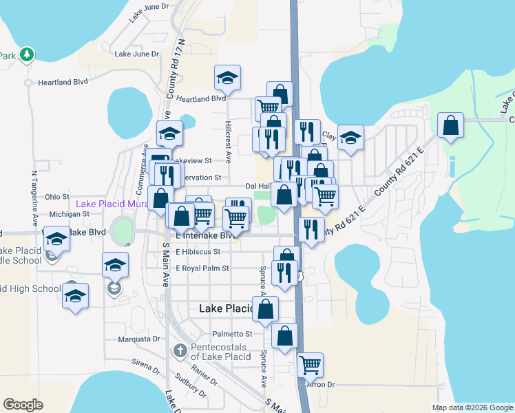 map of restaurants, bars, coffee shops, grocery stores, and more near 110 North Magnolia Avenue in Lake Placid