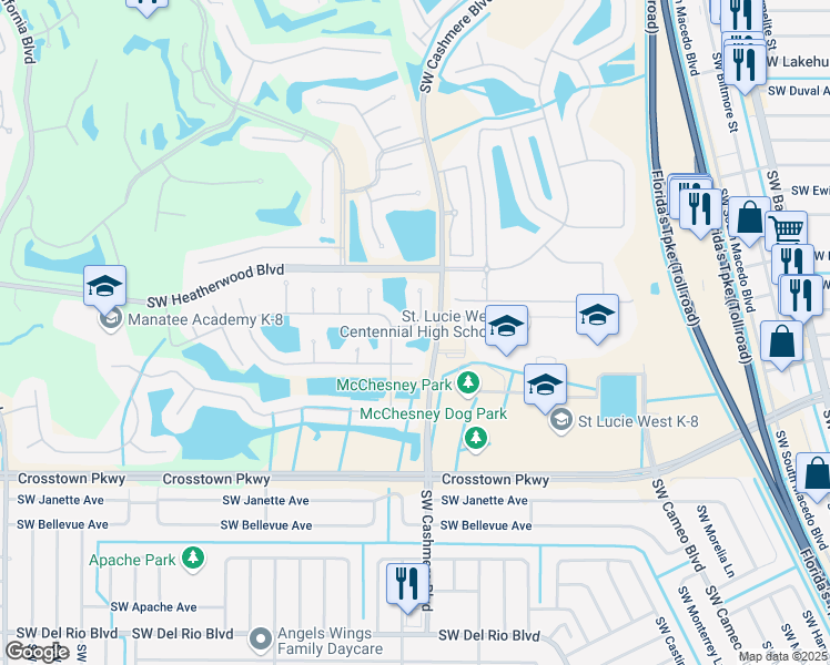 map of restaurants, bars, coffee shops, grocery stores, and more near 425 Southwest Crabapple Cove in Port St. Lucie
