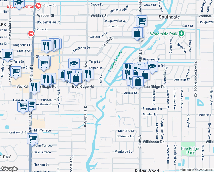 map of restaurants, bars, coffee shops, grocery stores, and more near 2500 Bee Ridge Road in Sarasota