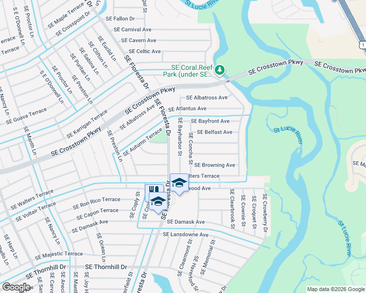 map of restaurants, bars, coffee shops, grocery stores, and more near 1381 Southeast Bayharbor Street in Port St. Lucie