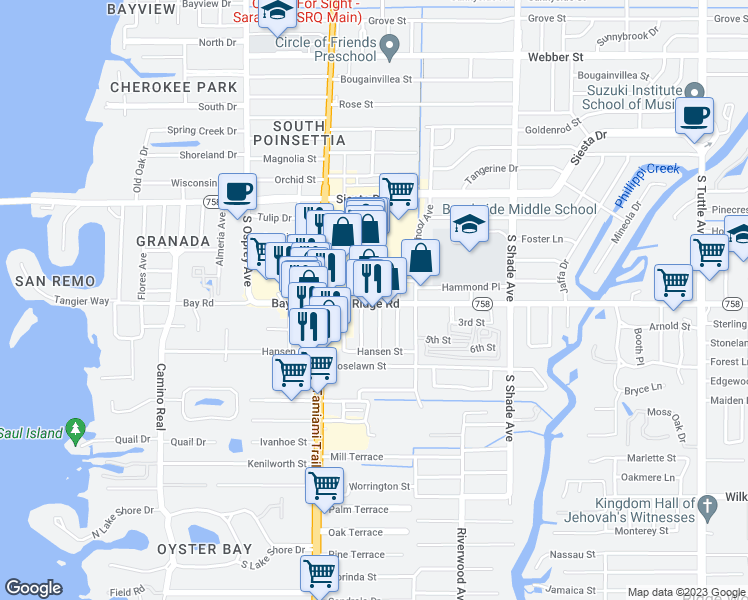 map of restaurants, bars, coffee shops, grocery stores, and more near 3501 East Avenue in Sarasota