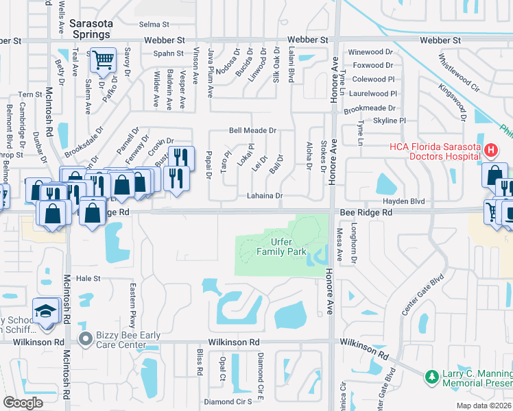 map of restaurants, bars, coffee shops, grocery stores, and more near 5011 Bee Ridge Road in Sarasota