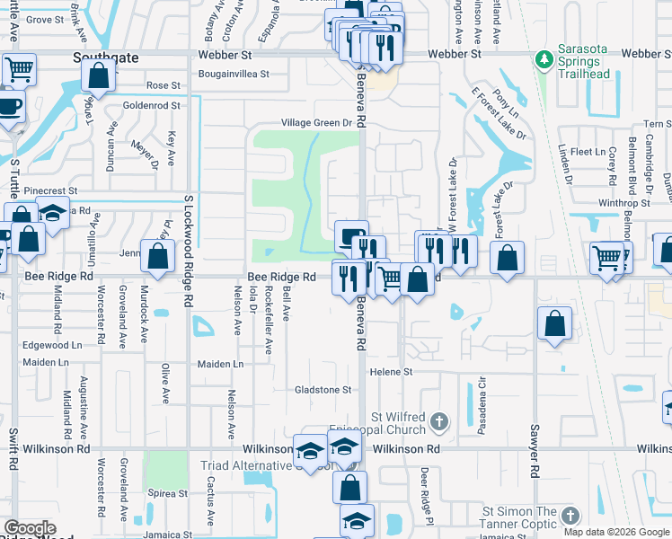 map of restaurants, bars, coffee shops, grocery stores, and more near in Southgate