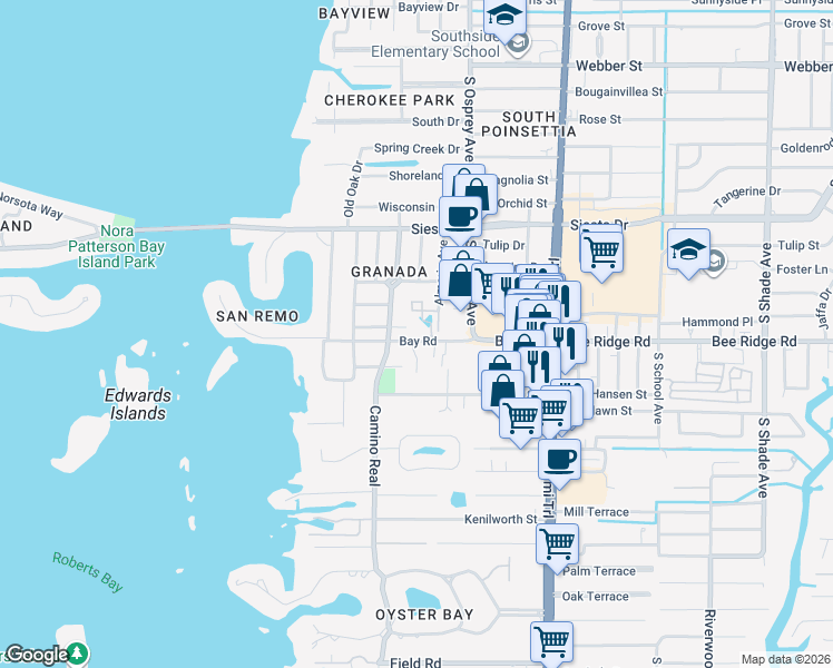 map of restaurants, bars, coffee shops, grocery stores, and more near 3912 Maravic Place in Sarasota