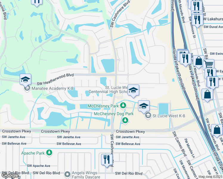 map of restaurants, bars, coffee shops, grocery stores, and more near 425 Southwest Crabapple Cove in Port St. Lucie