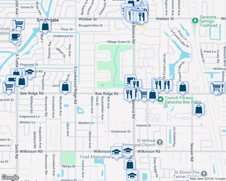 map of restaurants, bars, coffee shops, grocery stores, and more near 3500 Bee Ridge Road in Sarasota