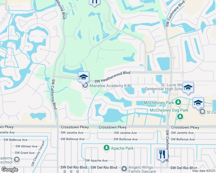 map of restaurants, bars, coffee shops, grocery stores, and more near 411 Southwest Sycamore Drive in Port St. Lucie