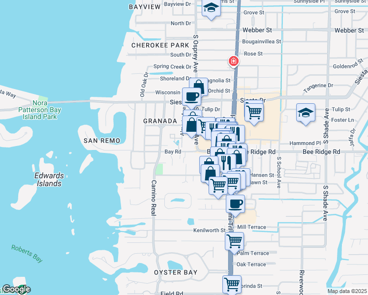 map of restaurants, bars, coffee shops, grocery stores, and more near 1712 Bay Road in Sarasota