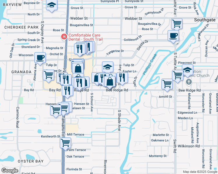 map of restaurants, bars, coffee shops, grocery stores, and more near 2300 Bee Ridge Road in Sarasota