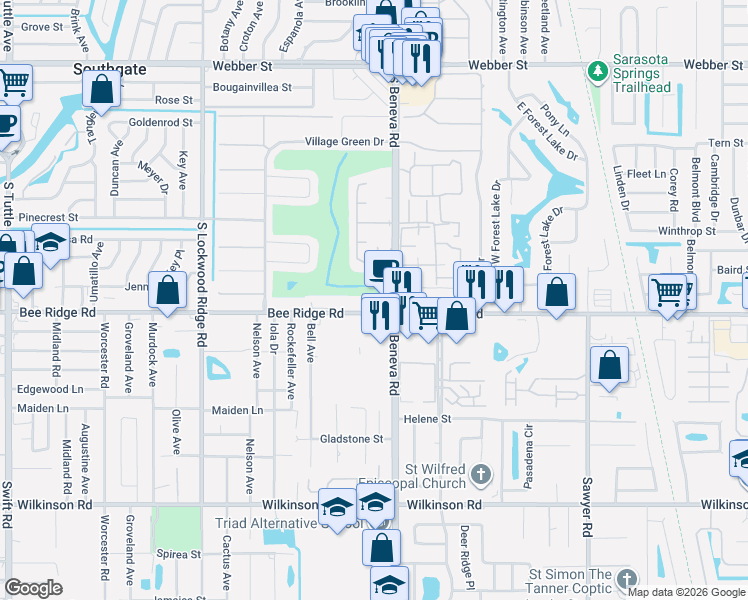 map of restaurants, bars, coffee shops, grocery stores, and more near 3632 Pembrook Drive in Sarasota