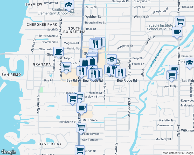 map of restaurants, bars, coffee shops, grocery stores, and more near Dearborn Avenue in Sarasota