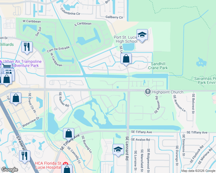map of restaurants, bars, coffee shops, grocery stores, and more near 2150 Southeast Wild Meadow Circle in Port St. Lucie