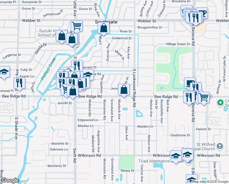 map of restaurants, bars, coffee shops, grocery stores, and more near 3001 Bee Ridge Road in Sarasota