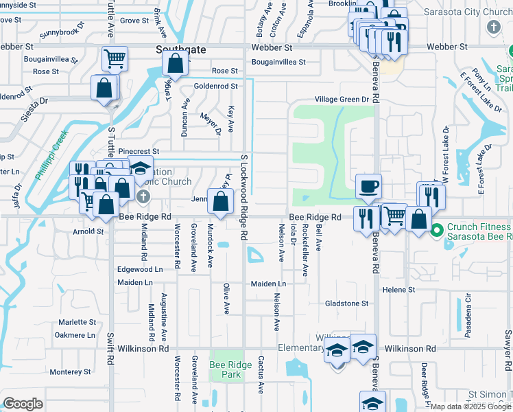 map of restaurants, bars, coffee shops, grocery stores, and more near 3242 Gifford Lane in Sarasota