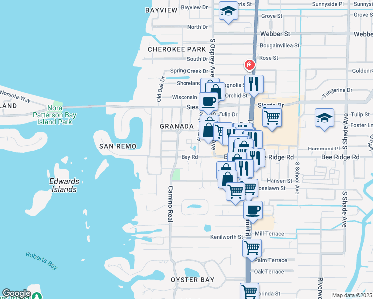 map of restaurants, bars, coffee shops, grocery stores, and more near 1726 Reston Court in Sarasota