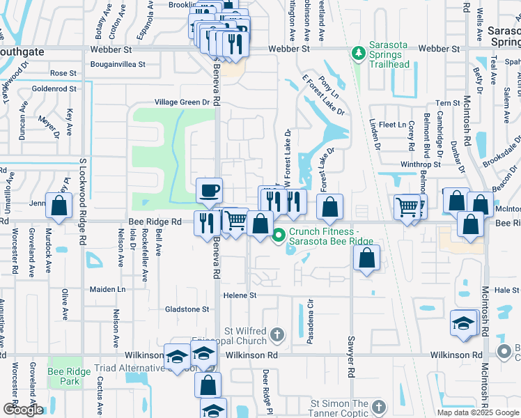 map of restaurants, bars, coffee shops, grocery stores, and more near 3665 Bee Ridge Road in Sarasota