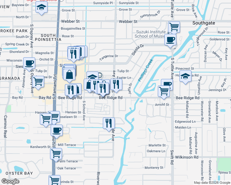 map of restaurants, bars, coffee shops, grocery stores, and more near 3737 South Shade Avenue in Sarasota