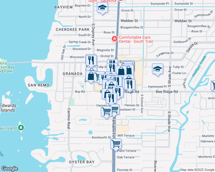 map of restaurants, bars, coffee shops, grocery stores, and more near 15 Paradise Plaza in Sarasota