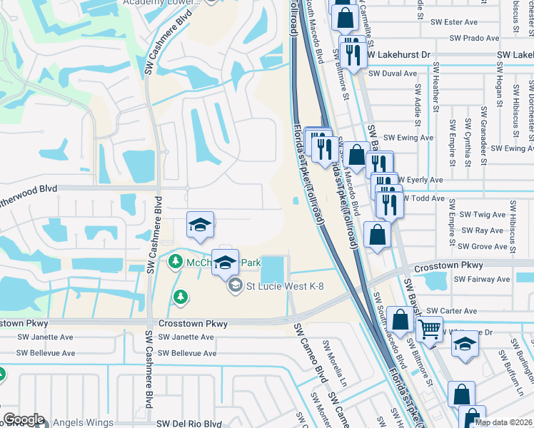 map of restaurants, bars, coffee shops, grocery stores, and more near 887 Southwest Rocky Bayou Terrace in Port St. Lucie