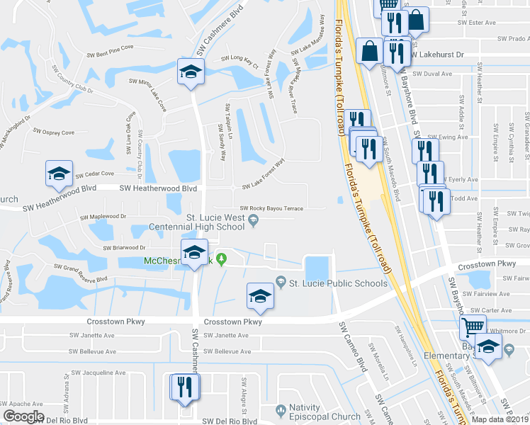 map of restaurants, bars, coffee shops, grocery stores, and more near 846 Southwest Rocky Bayou Terrace in Port Saint Lucie