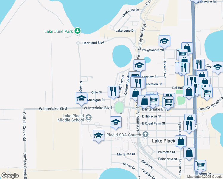 map of restaurants, bars, coffee shops, grocery stores, and more near 401 Ohio St in Lake Placid