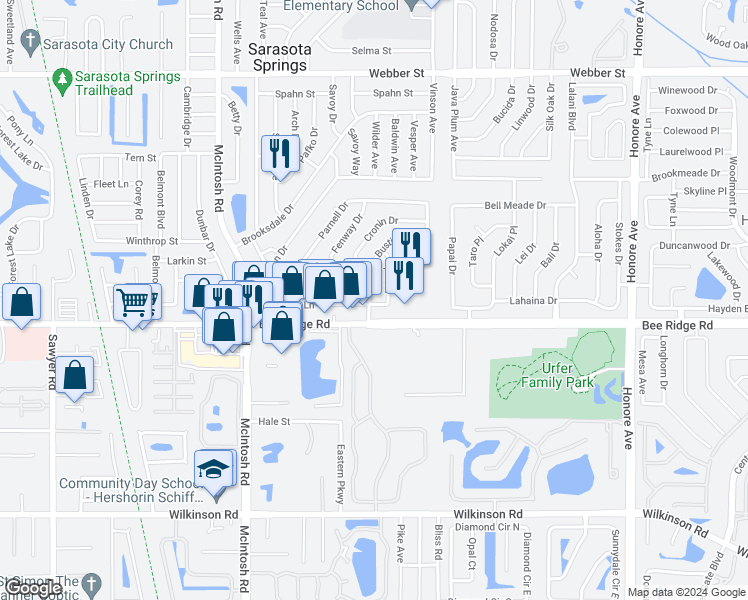 map of restaurants, bars, coffee shops, grocery stores, and more near 3739 Bond Place in Sarasota