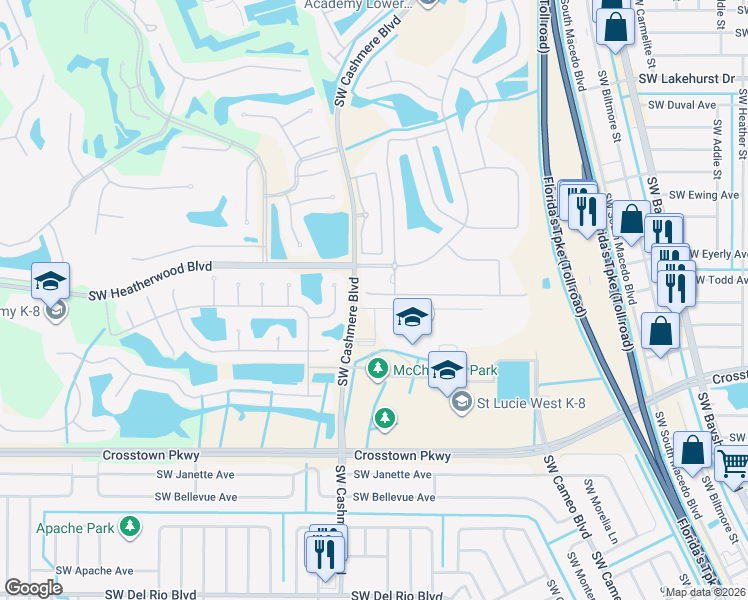 map of restaurants, bars, coffee shops, grocery stores, and more near 802 Southwest Rocky Bayou Terrace in Port St. Lucie