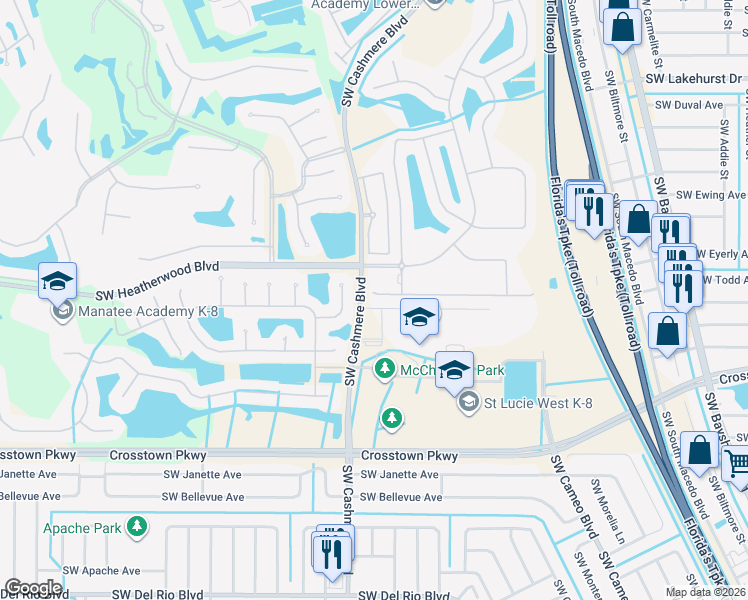 map of restaurants, bars, coffee shops, grocery stores, and more near 802 Southwest Rocky Bayou Terrace in Port St. Lucie