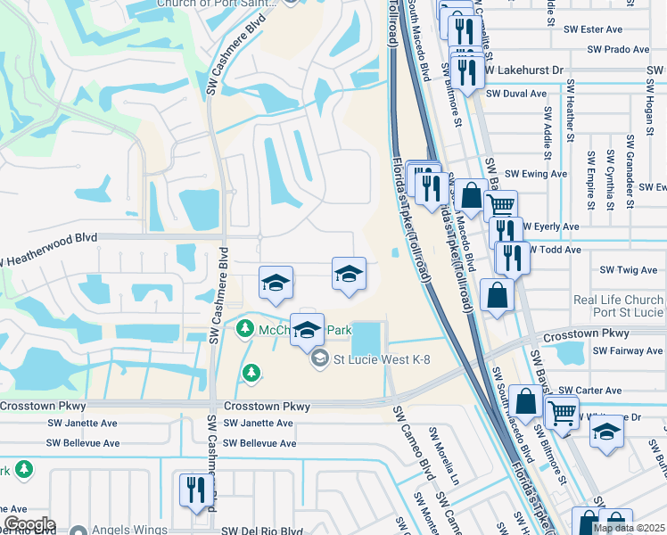 map of restaurants, bars, coffee shops, grocery stores, and more near 868 Southwest Rocky Bayou Terrace in Port St. Lucie