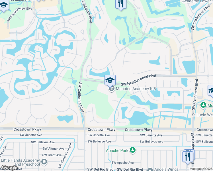 map of restaurants, bars, coffee shops, grocery stores, and more near 1450 Southwest Heatherwood Boulevard in Port St. Lucie