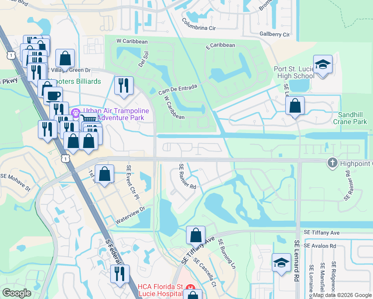map of restaurants, bars, coffee shops, grocery stores, and more near 505 Southeast Walton Lakes Drive in Port St. Lucie