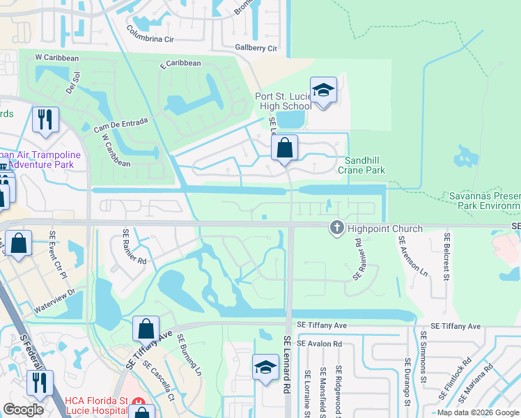 map of restaurants, bars, coffee shops, grocery stores, and more near 2172 Southeast Wild Meadow Circle in Port St. Lucie
