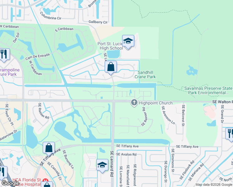 map of restaurants, bars, coffee shops, grocery stores, and more near 1302 Southeast Carrington Court in Port St. Lucie