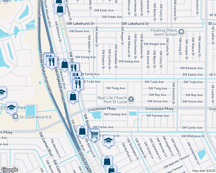map of restaurants, bars, coffee shops, grocery stores, and more near 589 Southwest Twig Avenue in Port St. Lucie