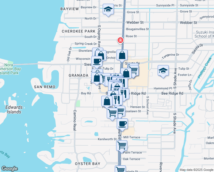map of restaurants, bars, coffee shops, grocery stores, and more near 3825 South Osprey Avenue in Sarasota
