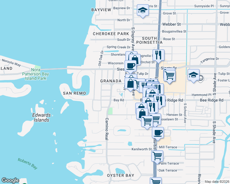 map of restaurants, bars, coffee shops, grocery stores, and more near 1726 Reston Court in Sarasota