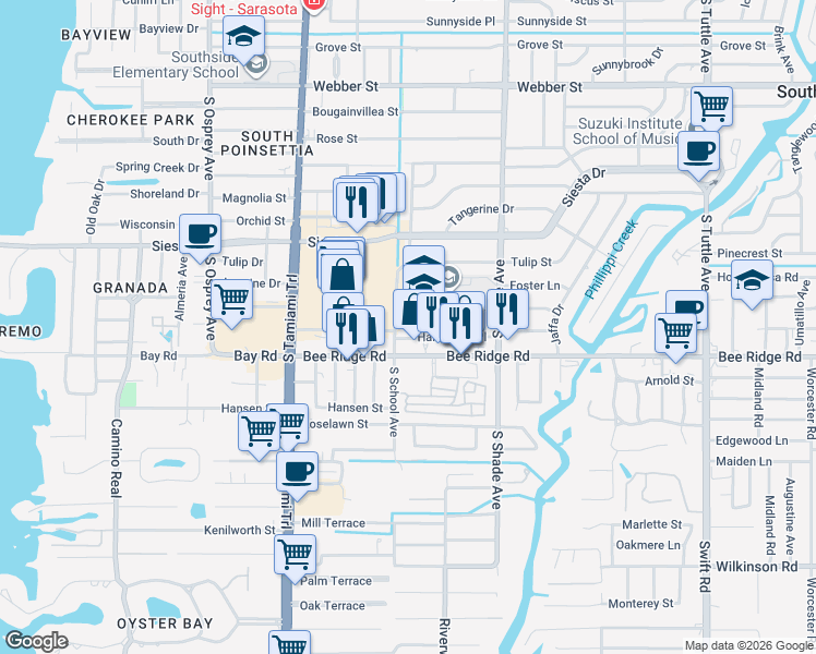 map of restaurants, bars, coffee shops, grocery stores, and more near 3805 South School Avenue in Sarasota